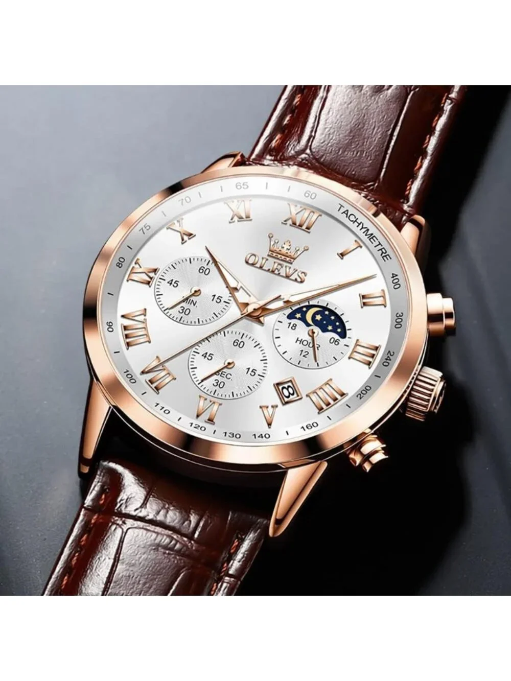 Men's Brown White Leather Analog Quartz Luxury Chronograph Waterproof Wristwatch